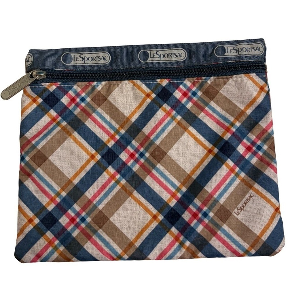 LeSportsac Zipper Pouch Cosmetic Makeup Travel Bag Plaid Blue Tan Brown Pink 8x7